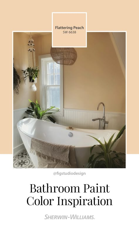 Create your bathroom sanctuary with calm and soothing paint colors like Flattering Peach SW 6638 from Sherwin-Williams. To see this hue in your home, tap this pin and order free color chips. Thanks for sharing your #SWColorLove, @figstudiodesign (on Instagram). #sherwinwilliams #DIY #color #inspiration #colorinspiration #bathroom #remodel #paint #painting Bathroom Paint Colors 2023, Sandy Paint Colors, Bathroom Paint Color Inspiration, Bathroom Remodel Paint, Bathroom Paint Color, Coral Paint Colors, Coral Paint, Bathroom Colours, Soothing Paint Colors