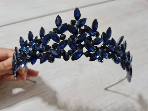 blue crystal tiara, navy blue crown, navy tiara, wedding hair accessories, dark blue crown, bridal crown, flowergirl crown, bridal tiara Dark Blue Hair Accessories, Dark Blue Party Theme, Dark Blue And Silver Wedding, Dark Blue Tiara, Bluebonnet Wedding, Dark Blue Crown, Dark Blue Wedding Theme, Writing Outfits, Navy Blue Crown