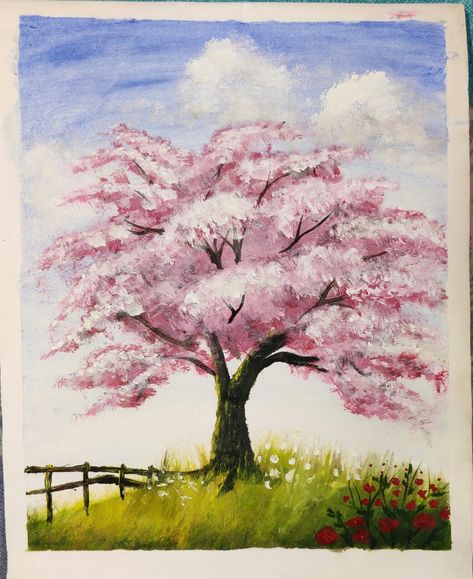 Spring Trees Painting, Painting A Tree On Canvas, Painted Cherry Blossoms, Pink Tree Drawing, Spring Painting Ideas Easy, Cherry Tree Drawing, Pink Tree Painting, Cherry Blossom Paintings, Cherry Blossom Tree Drawing