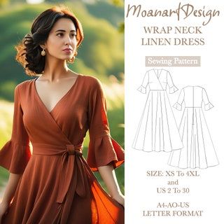 MoanartDesign - Etsy UK Dress With Sleeves Pattern, Wrap Around Dress Pattern, Bohemian Dress Pattern, Wrap Up Dress, Wrap Dress With Sleeves, Diy Wrap Dress, Bell Sleeves Dress, Linen Dress Pattern, Wrap Dress Sewing Patterns