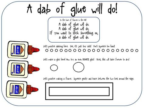 A Dab of Glue Will Do! Great song and practice sheet for beginning gluers. Learning Tips, Kindergarten Fun, Butterfly Printable, Beginning Of The School Year, Kindergarten Art, Beginning Of School, Future Classroom, Teaching Classroom, Top Secret