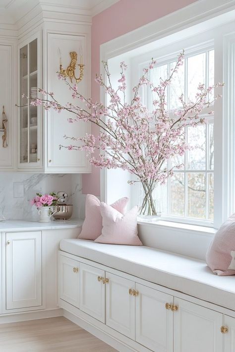 White Kitchen With Pink Accents, Cherry Blossom Kitchen, Pink Kitchen Ideas, Cherry Blossom Decor, Pastel Kitchen, Glass Front Cabinets, Interior Room, White Cabinetry, Think Pink