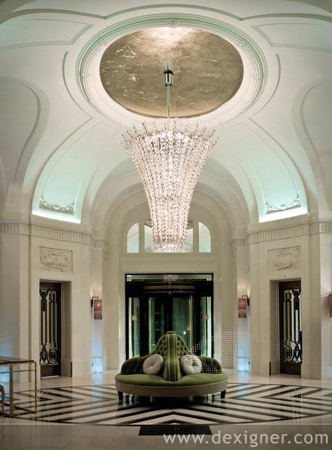 a beautiful stunning chandelier to go into a beautiful beautiful room Lift Lobby, European Hotel, Model Architecture, Hotel Lobby Design, Classic Hotel, Rosewood Hotel, Luxurious Interior Design, Marble Floors, Lobby Interior