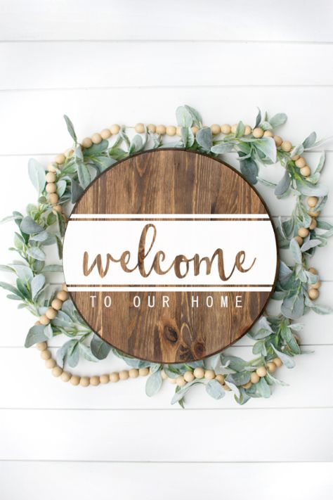 Download this free Welcome to Our Home SVG, Silhouette file, and Prints! It is the perfect SVG for farmhouse rounds. The file can also be used for square and rectangular signs. The files can be used for the Cricut, too. It's a great Silhouette or Cricut farmhouse decor project. #farmhousestyle #svg #freesvg #silhouettecameo #cricut Square Wood Sign Ideas, Welcome To Our Home Svg Free, Round Home Sign, Circle Welcome Signs, Square Welcome Sign, Circle Wood Signs, Round Welcome Door Signs, Home Signs Wooden, Home Signs Diy