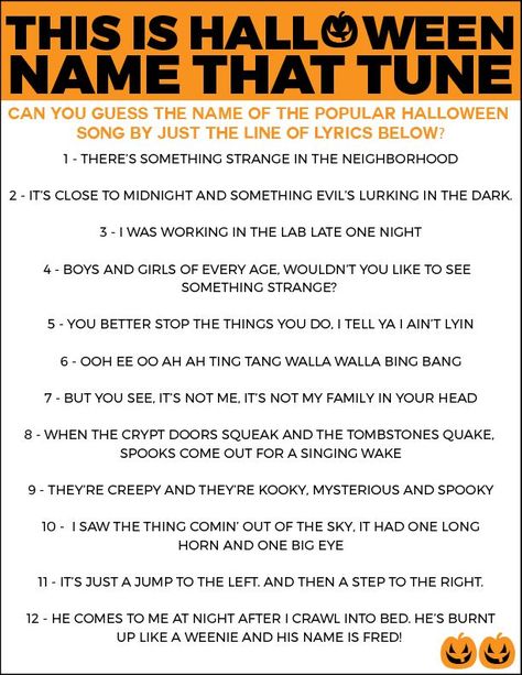 Free printable Halloween game idea for this year's Halloween party! Just print, hand out to guests, and see who can guess popular Halloween songs just by their lyrics alone! Prizes For Halloween Games, Halloween Left Right Game Free Printable, Left Right Halloween Story Game, Halloween Left Right Game Free, Night Names, Pharmacy Halloween, Halloween Game Night, Name That Tune Game, Adult Halloween Party Games