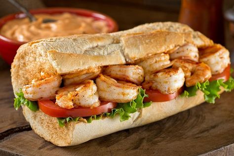 Grilled Shrimp Po' Boys Recipe: This Easy Cajun Sandwich Recipe Will Transport You to Louisiana | Sandwiches | 30Seconds Food Shrimp Po Boy Recipe, Easy Shrimp Scampi Recipe, Po Boy Sandwich, Easy Shrimp Scampi, Shrimp Sandwich, Shrimp Po Boy, Shrimp Rolls, Shrimp Scampi Recipe, Remoulade Sauce