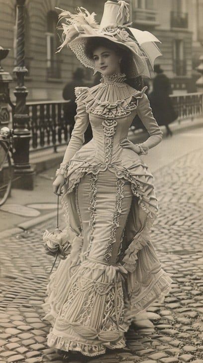 A lady dressed in an elaborate vintage gown takes a stroll down a cobbled street. Mid 19th Century Fashion, Victorian Era Womens Fashion, Cute Victorian Outfits, Turn Of The Century Fashion, 1860s Fashion Women, Modern Rococo Fashion, Elegant Vintage Outfits, Victorian Woman Aesthetic, 19th Century Fashion Women