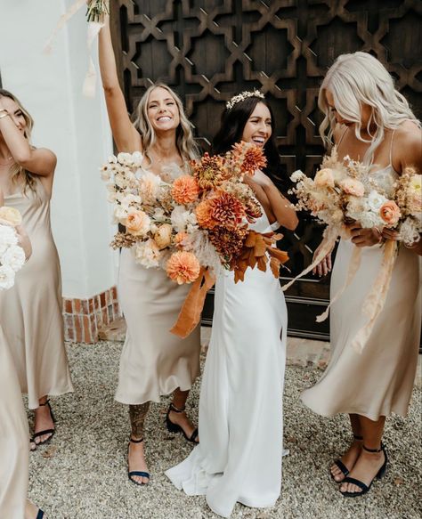 Champagne And Orange Wedding Colors, Sarahs Day Wedding, Nz Elopement, Rustic Peach Wedding, Tan Bridesmaid Dresses, Wildflower Wedding Theme, Orange Wedding Colors, Spring Wedding Decorations, Champagne Bridesmaid