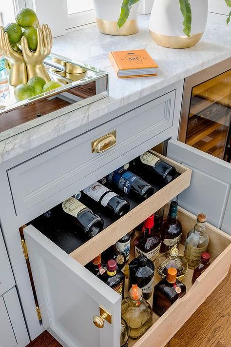 Kitchen with Wine Drawer and Pull Out Liquor Cabinet - Transitional - Kitchen Wine Drawer, Gray Shaker Cabinets, Classy Kitchen, Bathroom Remodel Cost, Budget Kitchen Remodel, Bar Basement, New Kitchen Cabinets, Built In Cabinets, Kitchen Remodeling Projects