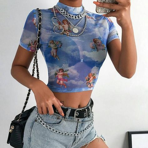 Harajuku Shirt, Shirt Crop Top, Mesh Fashion, T Shirt Crop Top, Angel Print, Women Streetwear, Mesh T Shirt, Creation Couture, Cropped Tops