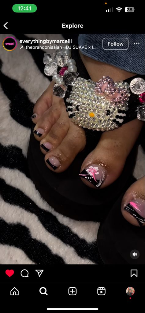 Black Frenchies, Flower Toe Nails, Pink Toe Nails, Long Stiletto Nails, Acrylic Toes, Acrylic Toe Nails, Pink Toes, Cute Toe Nails, Y2k Nails