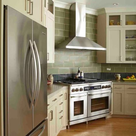 Kitchen With Beige Cabinets, Ivory Cabinets, Green Backsplash, Raised Panel Cabinets, Beige Cabinets, Ideas For Storage, Recessed Panel Cabinets, Grey Countertops, Flat Panel Cabinets