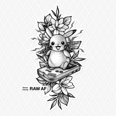 Pikachu tattoo! Colored Flowers Tattoo Design, Pikachu Eevee Tattoo, Cute Pokemon Tattoo Design, Pokemon Gameboy Tattoo, Pokemon Line Art Tattoo, Pokemon Flower Tattoo, Pokemon Outline Tattoo, Pokemon Black And White Tattoo, Pikachu Tattoo Ideas