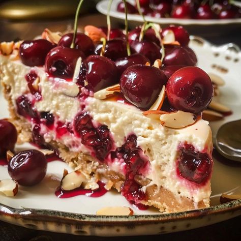 Heavenly Cherry Almond Bliss Cheesecake - Heavenly Pie Recipe, Cherry Almond Cake, Cherry And Almond Cake, Cherry Topping, Fruity Cake, Cherry Cheesecake, Cherry Almond, Cherry Pie Filling, Cake With Cream Cheese