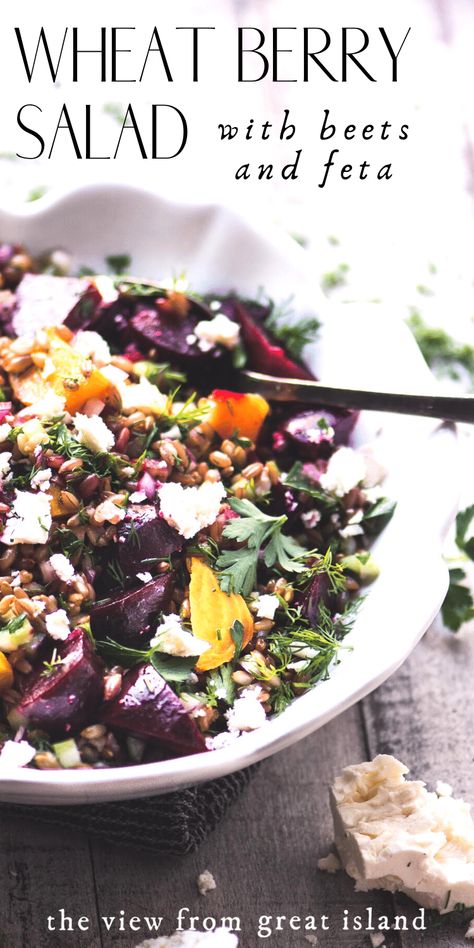 Wheat Berry Salad with Beets and Feta Farro Beet Salad, Wheatberry Salad Recipes, Red Wheat Berry Recipes, Healthy Raw Meals, Beets And Feta, Wheat Berry Salad Recipes, Power Salads, Wheatberry Salad, Thanksgiving Vegetarian