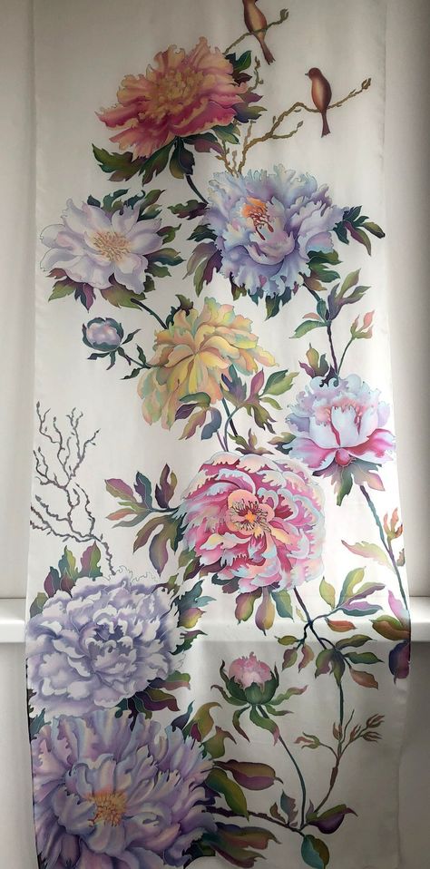 Buy PAINTING SILK SCARF. Handmade Silk Scarf. Peonies. Online in India - Etsy Pattern Scarf Silk, Saree Painting Designs, Peony Wallpaper, Victorian Wallpaper, Vintage Floral Fabric, Peony Print, Hand Painted Fabric, Hand Painted Sarees, Scarf Handmade