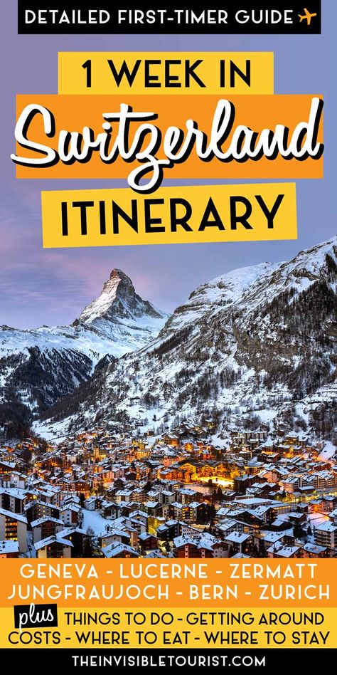 What to do in Switzerland in winter? My 1 week in Switzerland itinerary simplifies your trip planning! Learn how to spend 7 days in winter wonderland. Includes where to stay in Switzerland, Switzerland day trips, how to get around, what to eat, costs, plenty of Switzerland travel tips. Perfect for first timers and non-skiers! | The Invisible Tourist #switzerland #itinerary #winter #travel #thingstodo #winterwonderland #bern #lucerne #zermatt #zurich #geneva #jungfraujoch #interlaken #traveltips Week In Switzerland, What To Do In Switzerland, Switzerland In Winter, Zurich Airport, Switzerland Itinerary, Winter Trip, Europe Trip Itinerary, Backpacking Europe, Interlaken