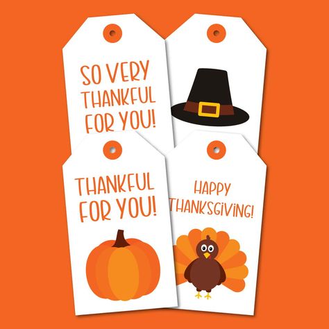 "These free printable Thanksgiving tags will add a personalized touch to your gifts and will make them look more thoughtful. There are 4 matching designs included in this set, featuring a turkey, a pilgrim’s hat, a pumpkin, and a piece of cake. This is a quick and budget-friendly project. Simply download the tags and print them at home or at your local print shop, cut out the tags, and attach them to your gifts. Enjoy!" Thanksgiving Cupcake Toppers, Thanksgiving Alphabet, Thanksgiving Tags, Free Printable Thanksgiving, Thanksgiving Gift Tags, Thanksgiving Wall Art, Thanksgiving Words, Printable Thanksgiving, Buy Cookies