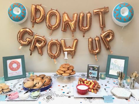 Donut Grow Up 1st Birthday BOY #donut #donutgrowup #1stbirthday #DIY #donuts #birthdayboy Donut Grow Up Party, Ballon Banner, Donut Themed Birthday Party, Grown Up Parties, Birthday Donuts, Donut Bar, Donut Birthday Parties, Sprinkle Party, Donut Wall