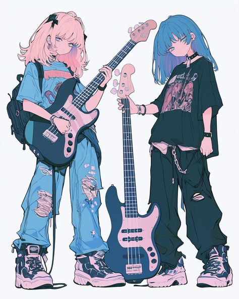 Pose Reference Rockstar, Grafitti Artist Character, Hold Guitar Reference, Cool Guitar Poses, Pose Drawing Reference 2 People, Chibi Playing Guitar, Guitar Drawing Pose, Guitar Pedals Aesthetic, Person Playing Video Games Reference