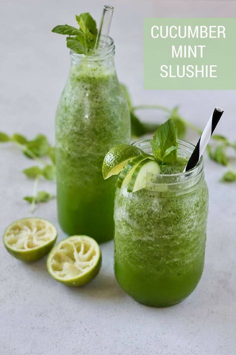 Cucumber Mint Slushie - the perfect refreshing and nourishing drink for hot weather. Cucumber, mint, and lime are blended together with just a touch of honey and lots of ice for the ultimate refreshing summer drink. #drink #summer #slush #slushie #blender #recipe #cucumber #mint #lime Unprocessed Recipes, Recipe Cucumber, Cucumber Drink, Blender Recipe, Mint Drink, Healthy Veggie, Mocktail Recipes, Blueberry Lemonade, Beverage Recipes