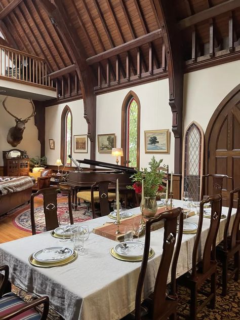 A Gothic Revival Church Reincarnated Into an Eclectic Home Stair Riser Ideas, Gothic Revival Interior, Stair Riser, Gothic Revival, Stair Risers, Front Entrances, Through The Window, Old Building, Eclectic Home