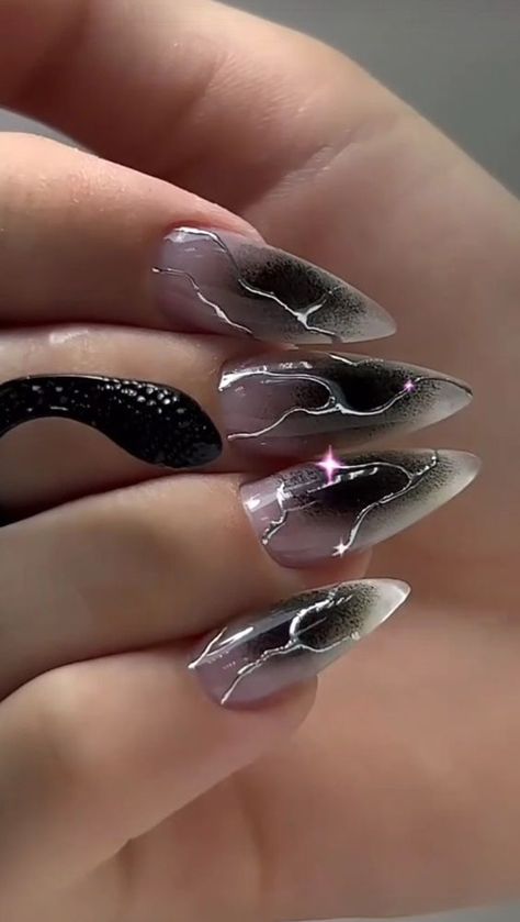 Gel X Nail Designs Black, Cyberpunk Nails Black, Dark Romance Nails, Black Detail Nails, Black Nails Almond Shape, Edgy Nails Grunge, Gothic Nail Designs, Nails Pink Acrylic, Winter Nail Art Designs