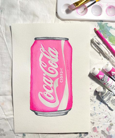 Diet Coke Painting, Fun Poster Ideas, Coke Can Painting, Coca Cola Painting, Coke Painting, Creative Painting Ideas On Canvas, Canvas Art Ideas Easy, Bp Table, Pink Canvas Art