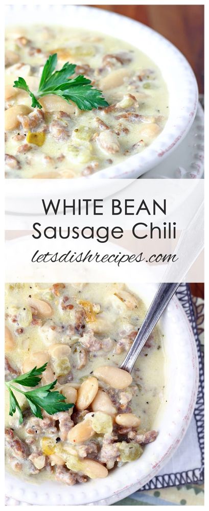 White Bean Chili With Sausage, Bean Soup With Sausage Recipes, White Chili With Sausage, Sausage And White Bean Soup Crockpot, White Chili With Pork, Soup With Pork Sausage, White Sausage Chili, Pork Sausage Chili Recipe, Recipes Using Pork Broth