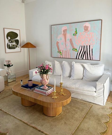 Color Apartment Aesthetic, Bright Color Apartment Decor, Trendy Apartment Living Room, Living Room Inspiration White Couch, Colorful Apartment Inspiration, Fun Apartment Aesthetic, Gender Neutral Apartment, Color Sofa Living Room, Apartment Inspo Living Room