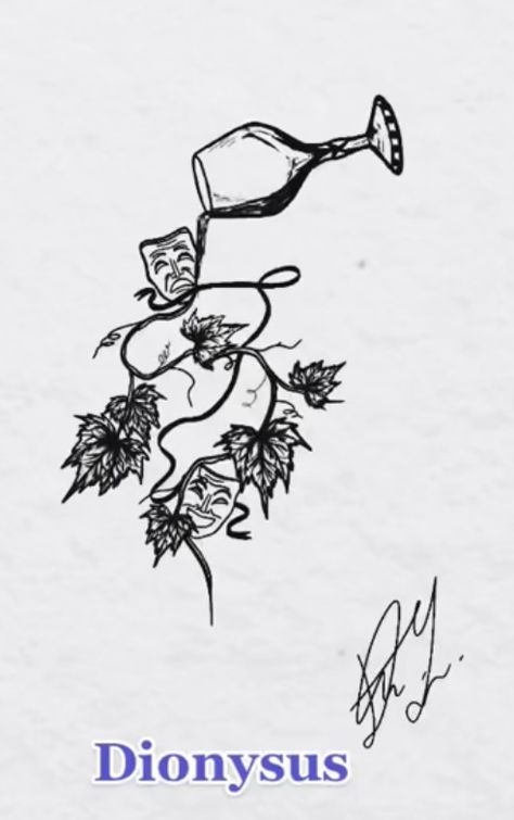 Greek Mythology Simple Art, Greek Gods Tattoo Ideas, Symbols Of Dionysus, Greek God Inspired Tattoo, God Of Wine Tattoo, Simple Greek Mythology Drawings, Greek Mythology Paintings Easy, Dionysus Tattoo Greek Mythology, Dionysus Tattoo Design