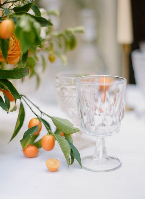 Kumquat Wedding, Alfresco Wedding, Monique Lhuillier Wedding, Monique Lhuillier Wedding Dress, Fruit Wedding, Citrus Wedding, Vintage Goblets, Fine Art Film Photography, Chic Flowers