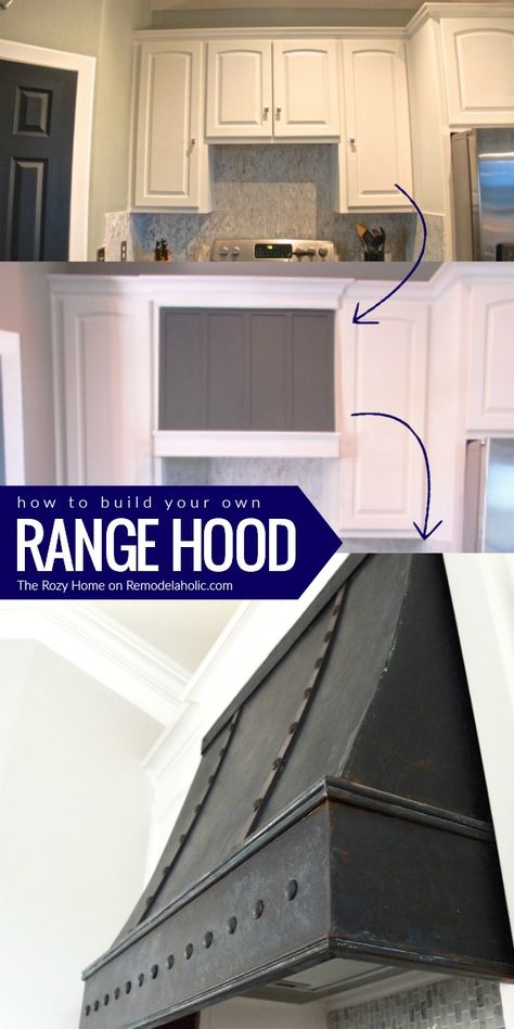 How to DIY a Custom Range Hood for Under $50 Mantel Style Range Hood, Adding Hood Over Stove, Black Kitchen Range Hood, Over Stove Microwave Ideas Range Hoods, Stove Vents Ideas, Oven Hood Diy, Diy Exhaust Hood, Venthood Kitchen, Diy Range Hood Cover How To Build