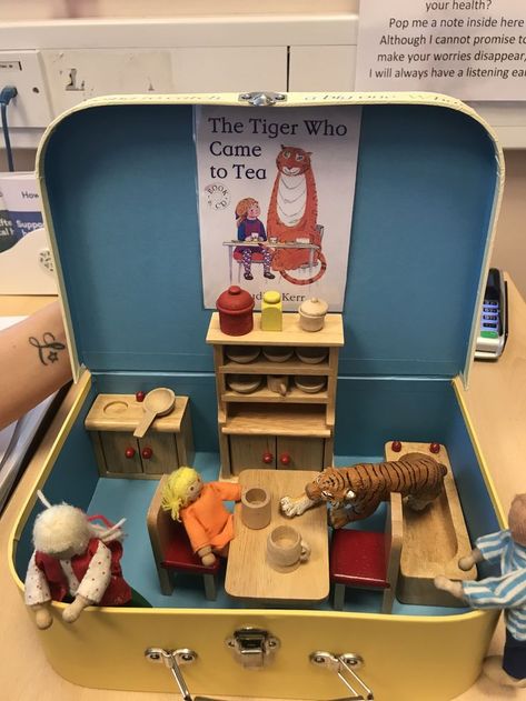 Book Provocations Kindergarten, Eyfs Story Baskets, Suitcase Ideas Eyfs, Story Sack Ideas Eyfs, The Tiger Who Come To Tea Eyfs, The Tiger Who Came To Tea, Tiger Who Came To Tea Activities, Story Suitcase, Story Sack Ideas