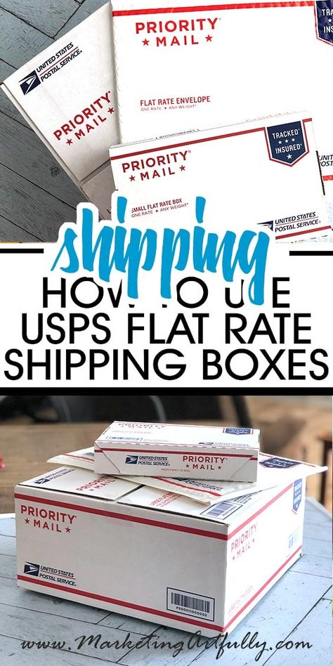 If you are starting an online shop, shipping may be one of your biggest questions! The one thing that is most confusing is how to use USPS Flat Rate Boxes for your Etsy, Shopify, Ebay or any other kind of online store! #shipping #ecommerce Flat Rate Box Ideas, Shipping Materials For Small Business, Shipping Box Storage, Cardboard Storage Boxes, Shipping Station, Thrift Store Diy Projects, Usps Stamps, Ebay Selling Tips, Starting An Etsy Business