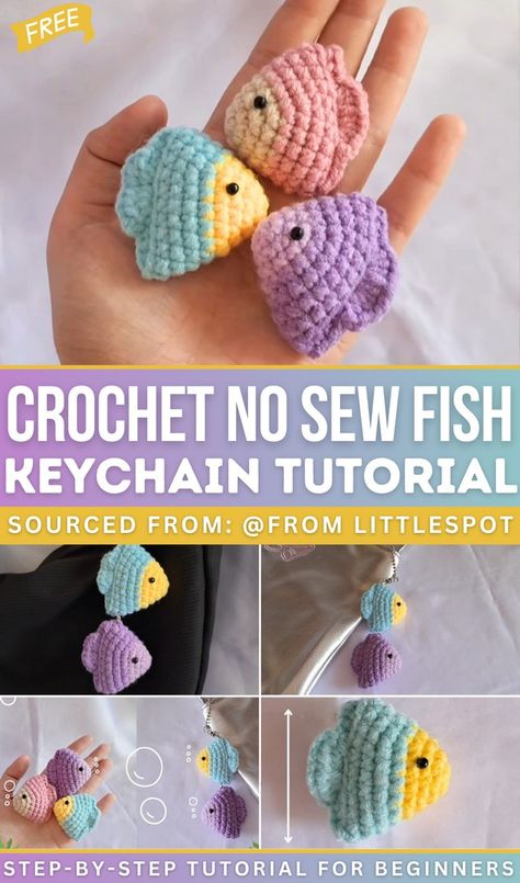 Simple No-sew Fish Crochet Keychain Crochet Bird Keychain Free Pattern, Quick And Easy Crochet Keychain, Easy Crochet Keychain Ideas, Crochet Mini Fish, Crochet Keychain Fish, Crochet Keychain No Sew, Fish Keychain Crochet, Small Crochet Keychain Ideas, Small Crochet Fish Pattern Free