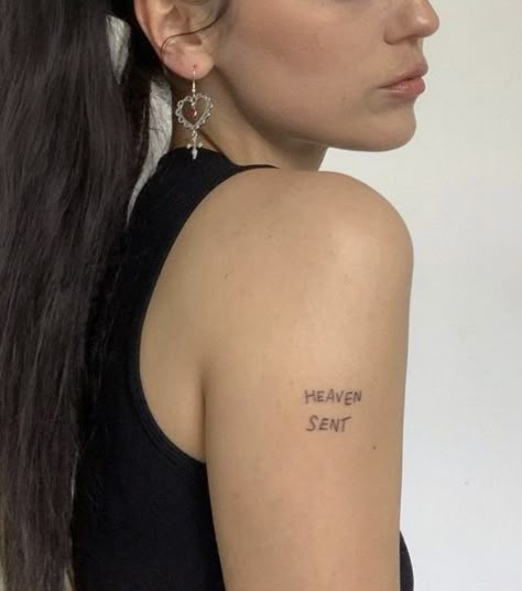 Heavenly Tattoo For Women, Sassy Tattoos, Heaven Sent Tattoo, Heavenly Tattoo, Nostalgic Tattoos, Made In Heaven Tattoo, Minimalist Cat Tattoo, One Word Tattoo, Tattoos Fine Line