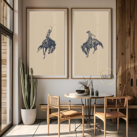 Western Room Poster Set, Bucking Bronco, Gift For Her, Cowboy Wall Art, Rodeo Print, Boho Art, Illustration Print, Horse Decor, Version 1 -  #Art #Boho #Bronco #Bucking #Cowboy #decor #gift #Horse #Illustration #Poster #Print #Rodeo #Room #Set #Version #Wall #Western Big Wall In Bedroom Decor, Retro Western Aesthetic Living Room, Cow Hide With Pictures On Wall, Poster Prints For Guys, Boho Americana Decor, Farm Home Decor Ideas, Rustic Classy Home Decor, Modern Cowboy Decor Interior Design, Modern Western Room Decor