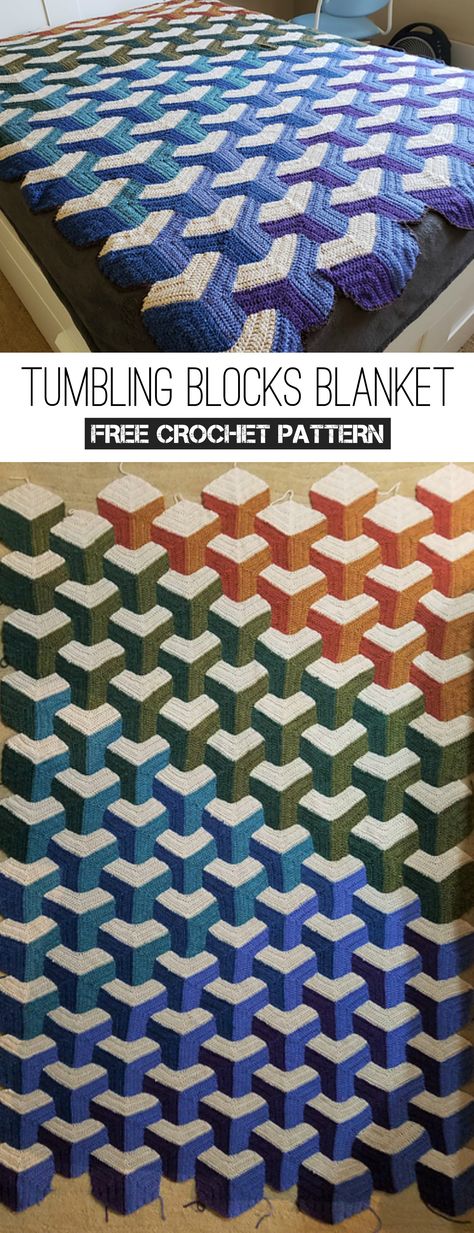 Tumbling Blocks Blanket Free Crochet Pattern Crochet Cottage, Crochet Braid Pattern, Pillow Crochet, Tumbling Blocks, Crochet For Beginners Blanket, Blanket Ideas, Braid Patterns, Trendy Sewing, Crochet Blocks