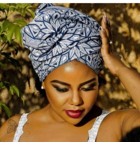 Shweshwe Dresses Patterns, Doek Styles, Headwrap Ideas, Shweshwe Dresses, Dress Ankara, Head Wrap Styles, African Print Dress Ankara, Hair Wrap Scarf, Head Scarf Styles