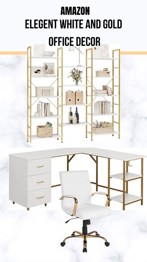 Elegant White and Gold Luxury Office Decor White Gold Office Decor, White And Gold Office Decor, White And Gold Office, Pink Gold Office, White Office Ideas, White Gold Office, Elegant Office Decor, White Office Decor, Gold Office Decor