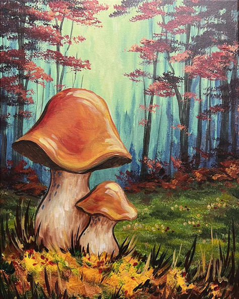 Mushrooms Painting Ideas, Painting Ideas On Canvas Autumn, Fall Paint And Sip Ideas, November Painting Ideas, Fall Mushroom Painting, Mushroom Forest Painting Easy, Autumn Art Ideas, Mushroom Forest Painting, November Painting