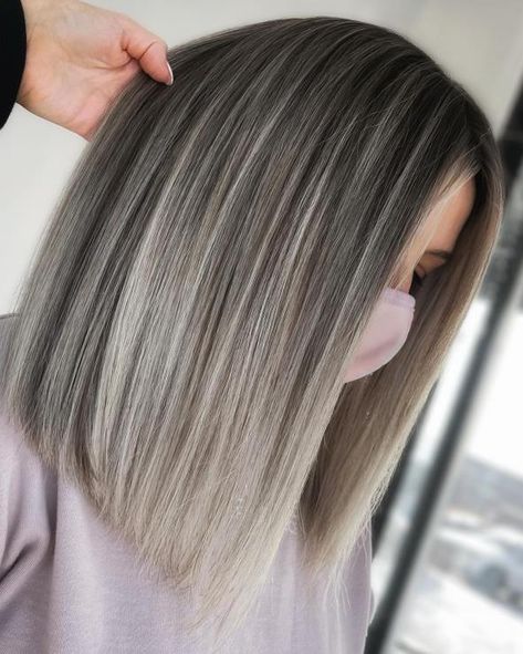 Ash Bob Balayage, Ash Blonde Highlights On Dark Hair Straight, Cool Ash Blonde Balayage On Dark Hair Short, Dark Grey Blonde Hair, Platinum Highlights On Light Brown Hair, Hair Colour Inspo Color Trends, Dark Hair With Ash Blonde Balayage, Best Hair Colour To Cover Grey, Subtle Ash Balayage On Dark Hair