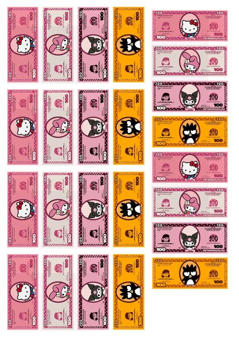 Papercraft Templates and Printables: Creative Projects Hello Kitty Money Printable, Sanrio Money, Hello Kitty Money, Printable Paper Toys Templates, Papercraft Templates Printables, Paper Toy Printable, Money Stickers, Money Template, Toy Money