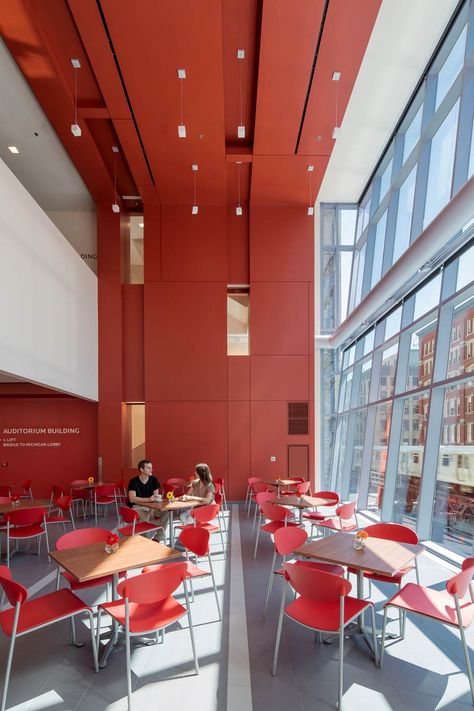 Roosevelt University Academic, Student Life and Residence Center, Chicago IL | Dining Hall | VOA Associates, Architects College Dining Hall, Roosevelt University, Canteen Design, Food Court Design, Public Restaurant, College Architecture, Residence Hall, School Cafeteria, Brick Architecture