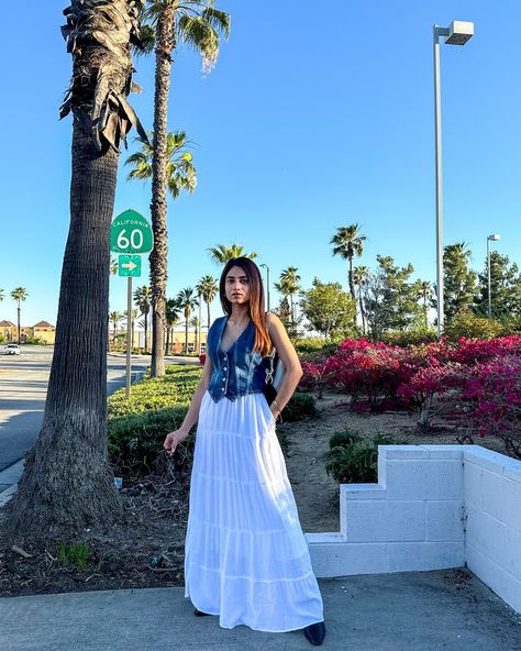 White maxi skirt & denim vest 🤍 Wearing my favourite denim vest from @freepeople Comment “LINK” and I’ll DM you 🫶🏻 Denim vest- @freepeople Maxi skirt- @hollister Bag- @jwpei_official Boots- @hm #summeroutfit #maxiskirt #denimvest #outfitoftheday #summerfashion Maxi Skirt Denim, White Maxi Skirt, White Maxi Skirts, Instagram White, Skirt Denim, White Maxi, Denim Vest, My Favourite, Hollister