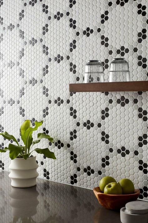 Courtesy of The Tile Shop Tile Bathroom Floor, Penny Round Mosaic, Hex Tile, Cottage Bathroom, Mosaic Backsplash, The Tile Shop, Kitchen Tiles Backsplash, Porcelain Mosaic, Ceramic Wall Tiles