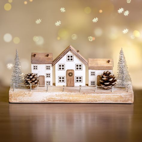 Add a homely vibe into your Christmas decor with this Village Scene.  Perfect for any style of household decor or festive decorating, this wooden ornament is a fun way to make every day of the festive period that bit extra special. Christmas Cards With Houses On Them, Christmas Wooden Houses, Wooden Christmas Village, Craft Houses, Wooden House Decoration, Wood Decorations, Wood Christmas Decorations, Christmas Decs, Diy Christmas Village