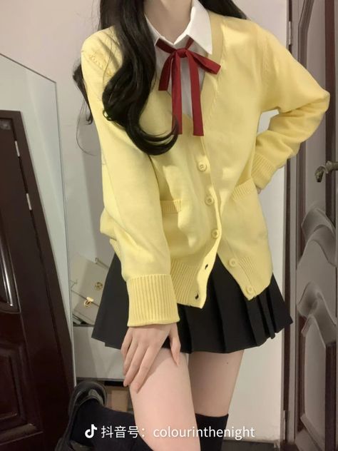 Yellow School Uniform, Cloth Ideas, Dr Wardrobe, Style Korea, Girls Uniforms, Blue Yellow, Cute Outfits, Japan, Fashion Outfits