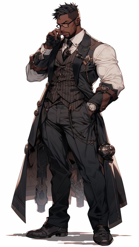 Character Design Winter Clothes, Cyberpunk Pirate Character Design, Bulky Character Design Male, Black Artificer, Steampunk Fashion Concept Art, Male Spy Character Design, Fantasy Surgeon, Dnd Alchemist Character Art, Anime Inventor